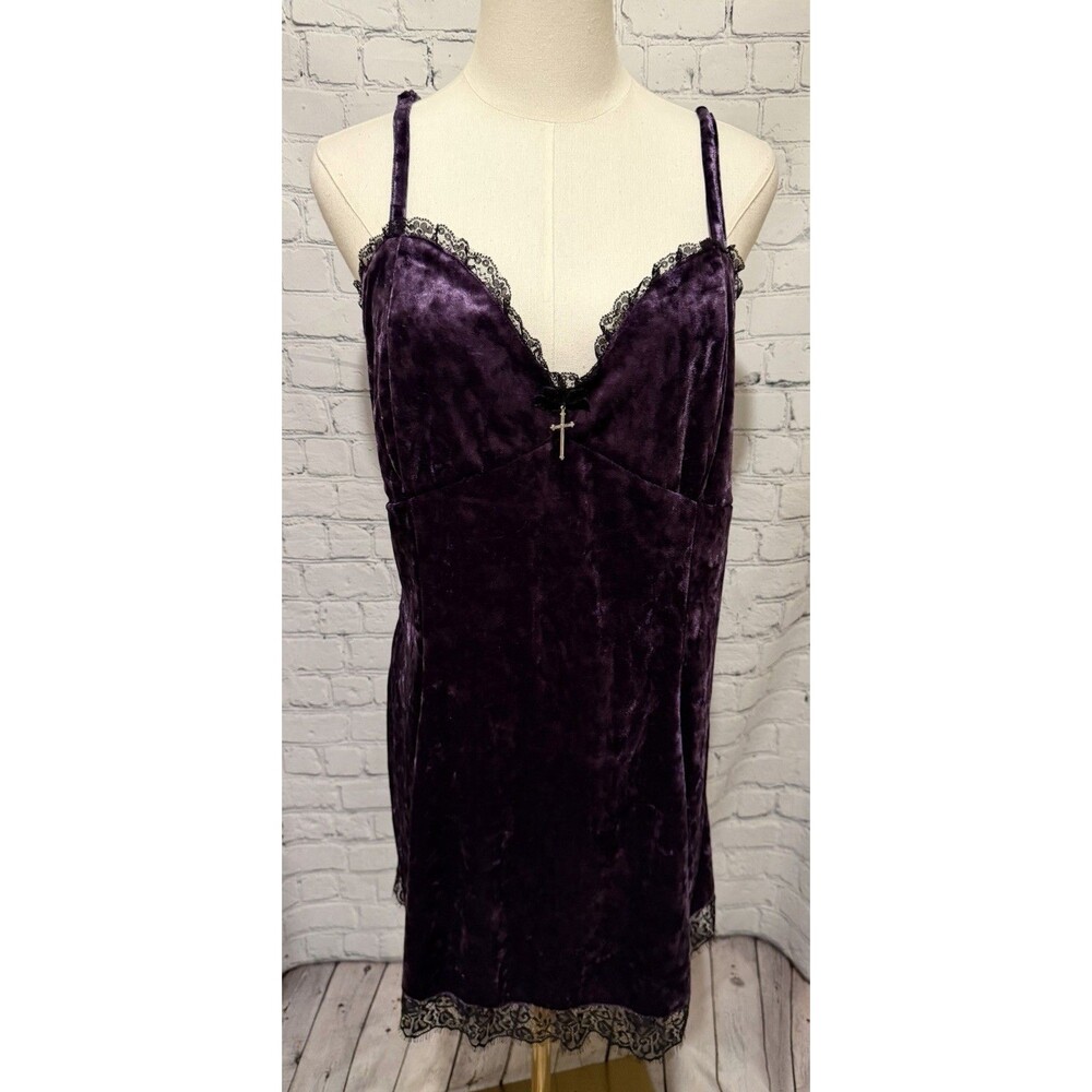 Cosmic Aura Hot Topic Goth Purple Velvet Black Lace Trim Slip Dress Size XL